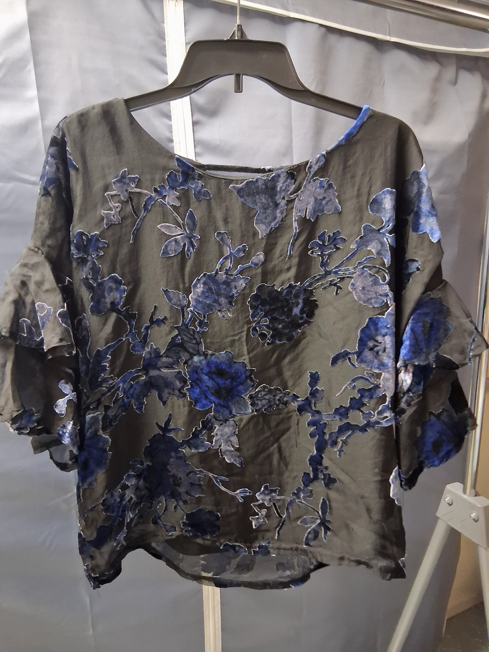 Lily White Black Sheer Blouse with Velvet Blue Floral Design